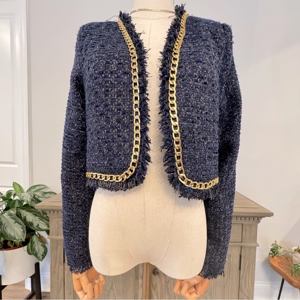 NWOT Christian Lacroix Navy and Gold Metallic Tweed Cropped Blazer | Small